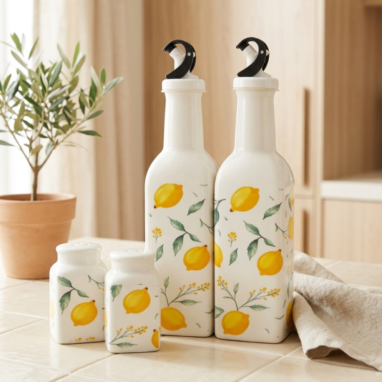 Porcelain Oil Dispenser & Salt Shaker Set - 4 Pcs